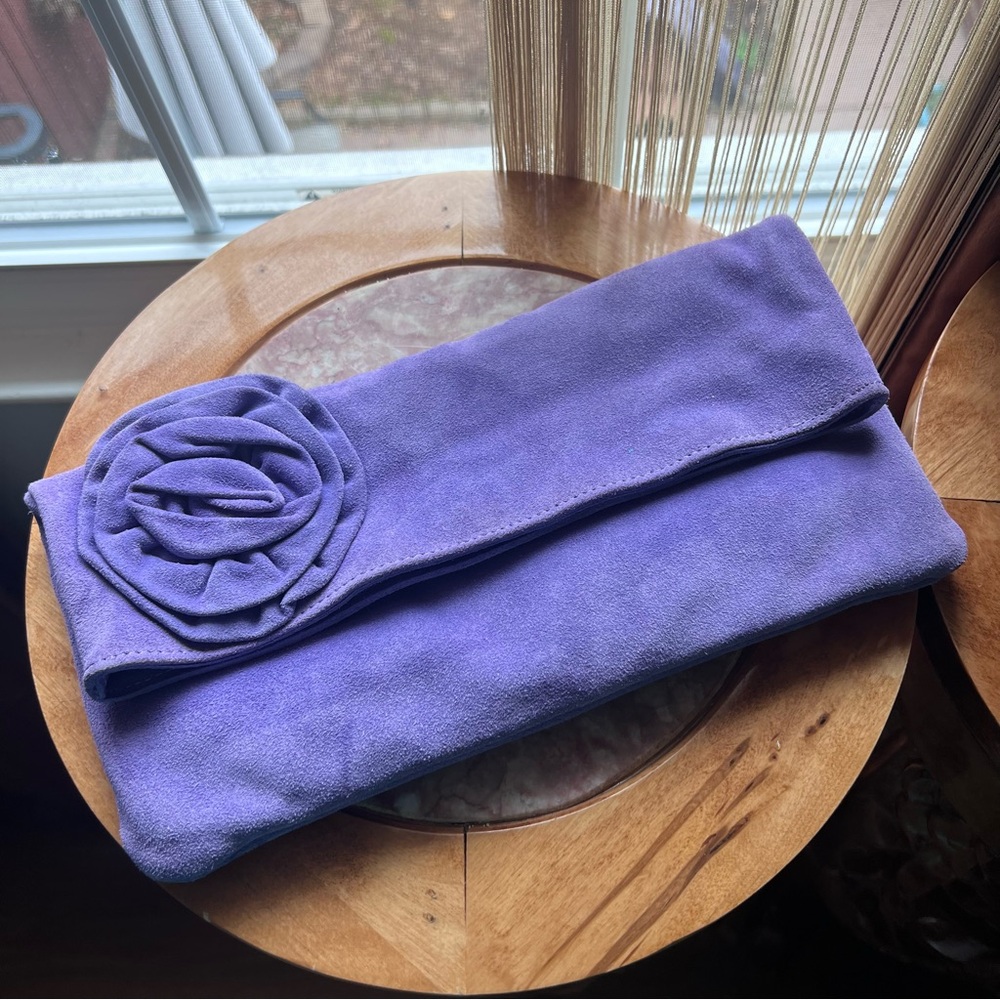 NWOT Lavender Suede Leather Clutch with Floral Accent | Italy